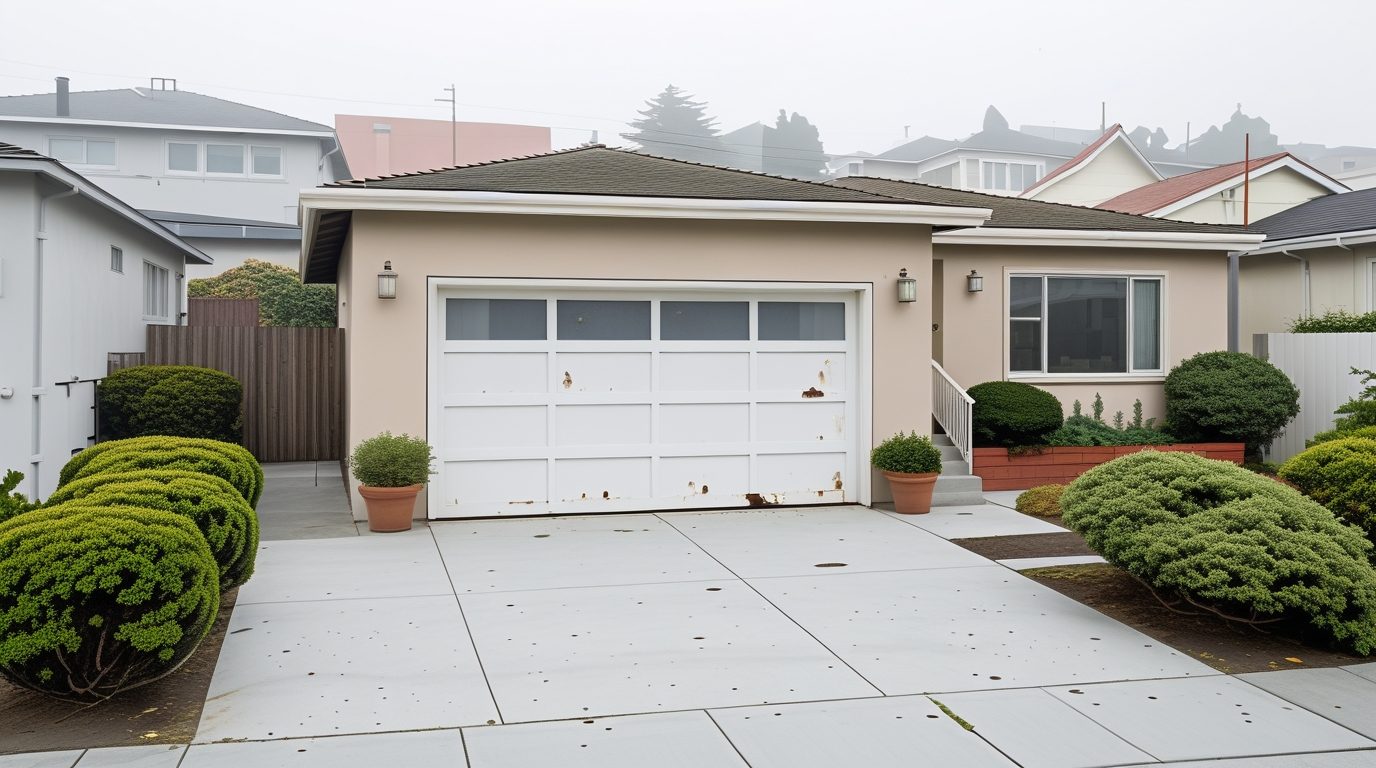 Dated white aluminum sectional garage door on a clean tidy Sunset District San Francisco stucco single-story home, before replacement