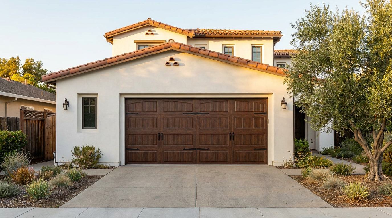 Brand new walnut wood-look carriage-style garage door with black iron strap hardware installed on the same Mediterranean Palo Alto California home, after replacement
