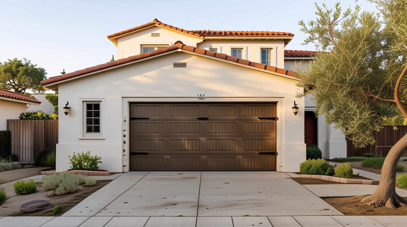 Dated faded tan steel raised-panel garage door on a clean tidy Mediterranean two-story home in Palo Alto California, before replacement