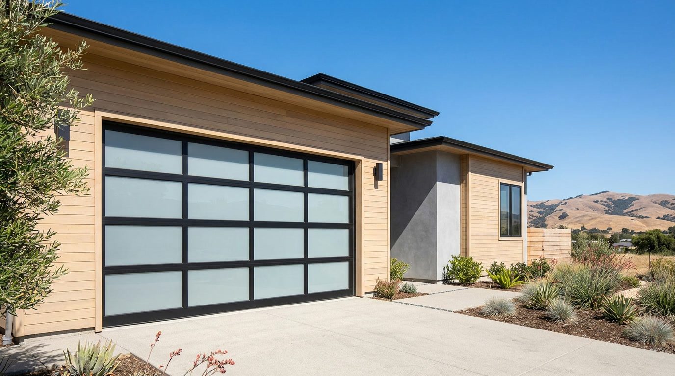 Brand new modern full-view aluminum and frosted glass garage door with matte black frame installed on the same contemporary Walnut Creek California home, after replacement