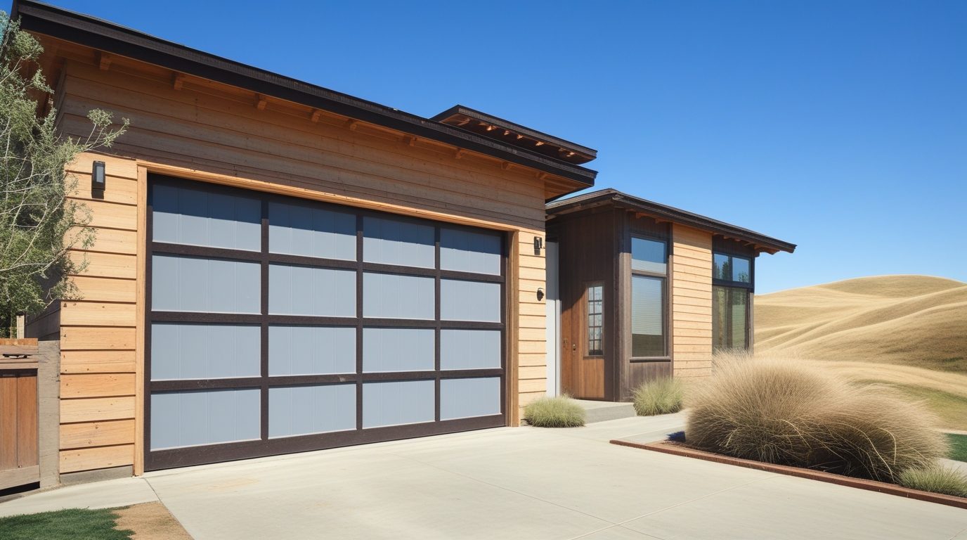 Dated brown-framed paneled garage door with dull gray panels on the same contemporary Walnut Creek California home, before replacement