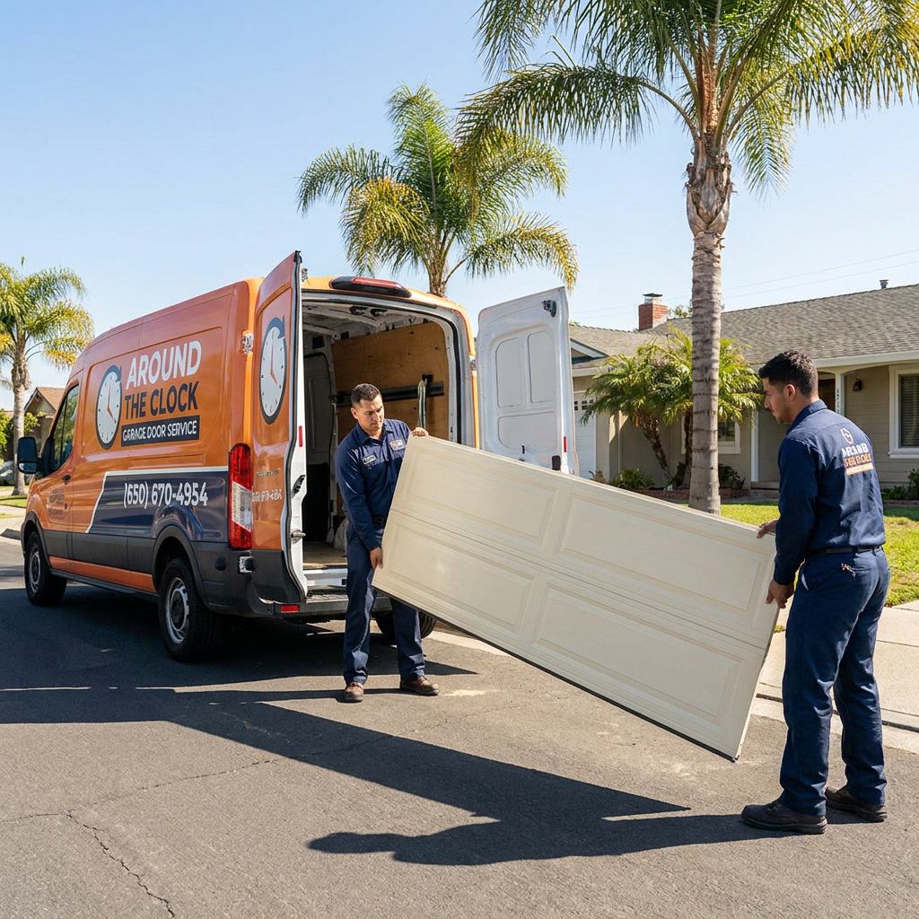 Two Around The Clock Garage Door technicians lifting a new sectional panel from the back of their branded service van in a Bay Area driveway