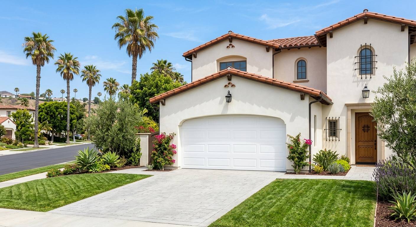 Beautifully completed white sectional garage door on a stucco Bay Area home with palm trees and bright sunshine