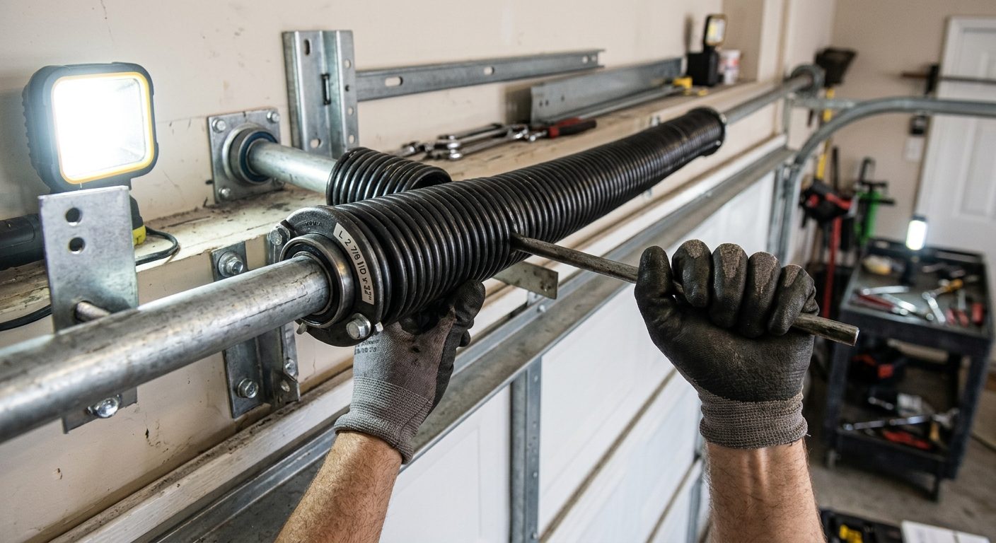 Close-up of gloved hands installing a black torsion spring on a residential garage door