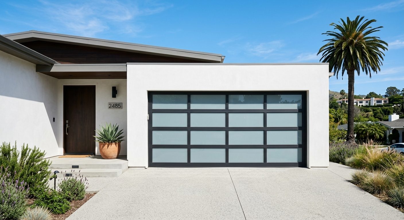 Freshly installed contemporary aluminum and frosted glass full-view garage door on a modern Bay Area home