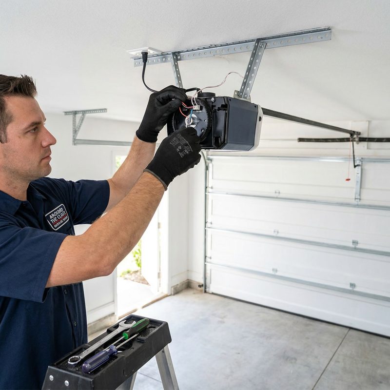 Bay Area garage door technician installing a new belt-drive opener motor on the ceiling rail