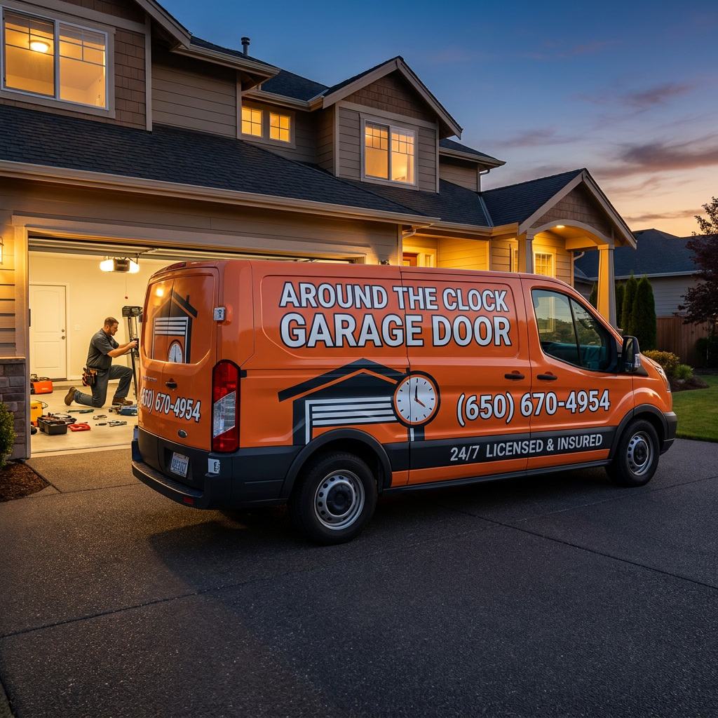 Branded orange Around The Clock service van parked in a Bay Area driveway at dusk with a technician working in the open lit garage, 24/7 emergency service