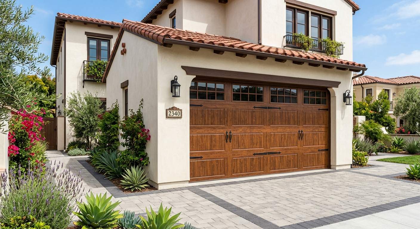 Completed walnut wood-look carriage-style garage door with decorative iron hardware on a Mediterranean Bay Area home