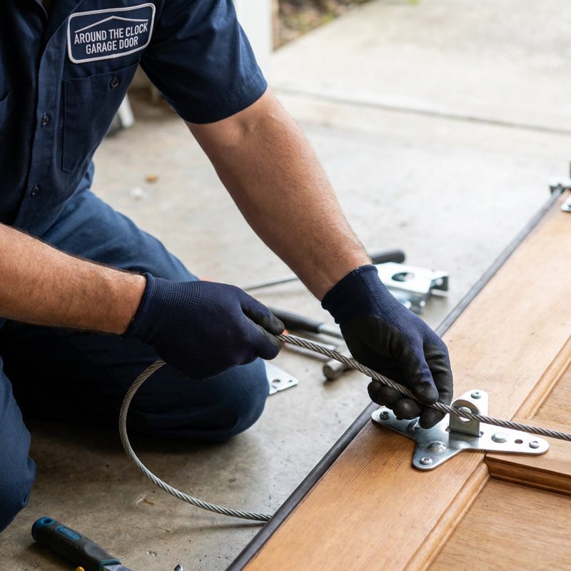 Close-up of a technician's gloved hands threading a new steel lift cable onto a garage door bottom bracket