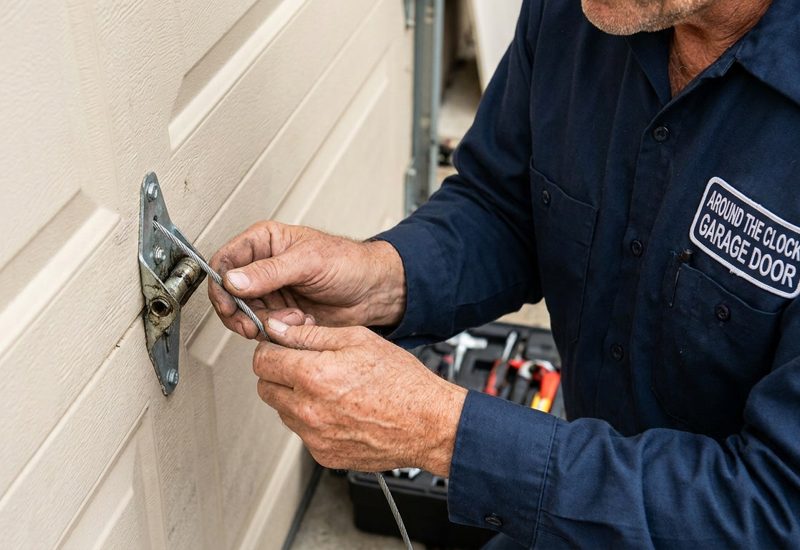 Close-up of a Bay Area garage door technician replacing a broken steel lift cable on the bottom bracket