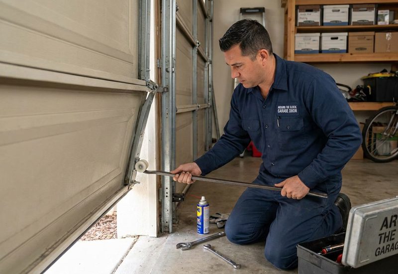 Bay Area garage door technician realigning a sectional door panel back into its vertical track