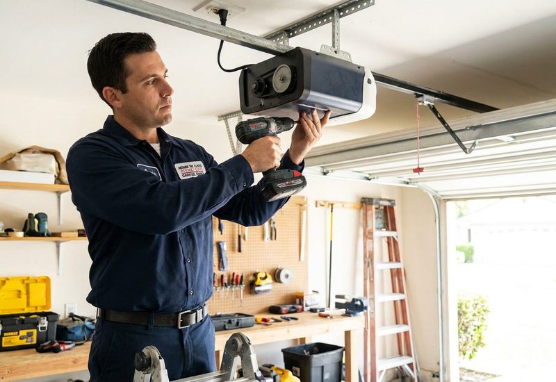 Garage door opener installation by a Bay Area technician on a ceiling rail