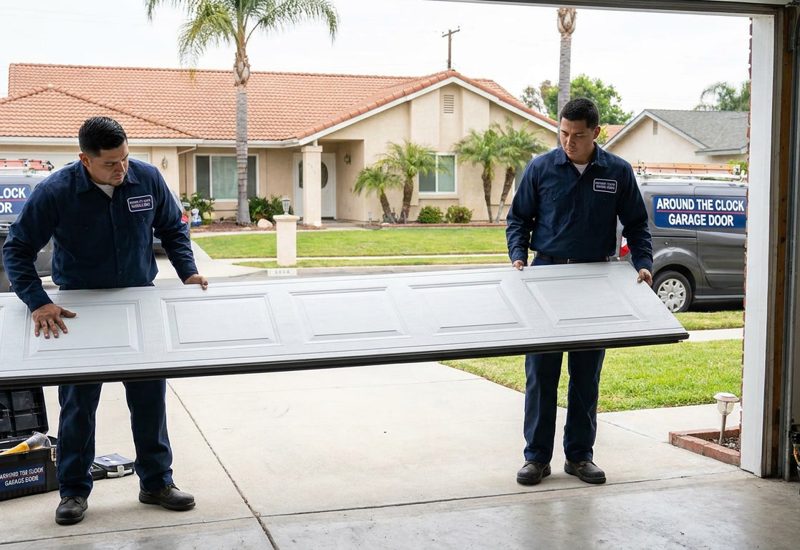 Two Bay Area garage door technicians installing a replacement panel on a residential sectional door
