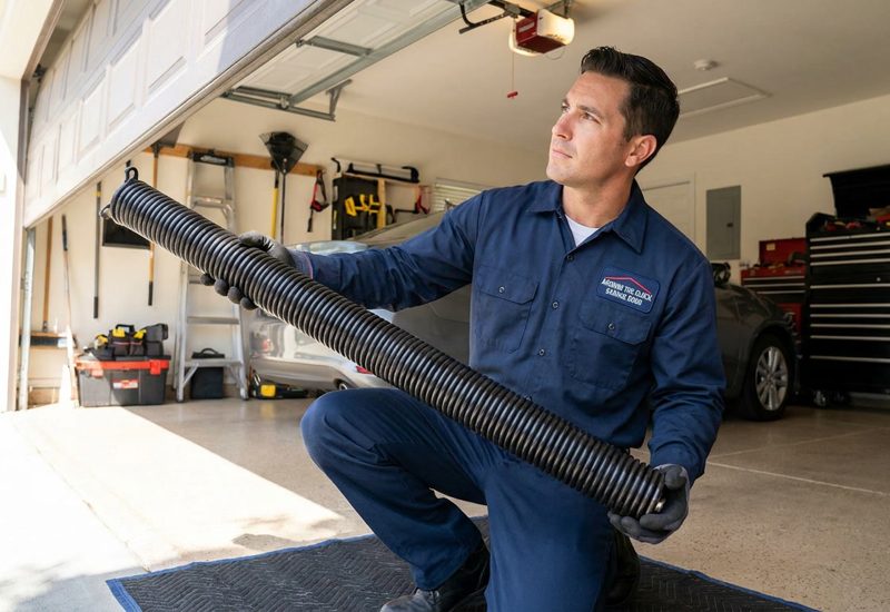 Bay Area garage door technician installing a new torsion spring in a residential garage