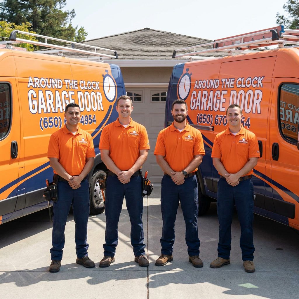 Team of four Around The Clock Garage Door technicians in matching navy uniforms in front of branded service vans
