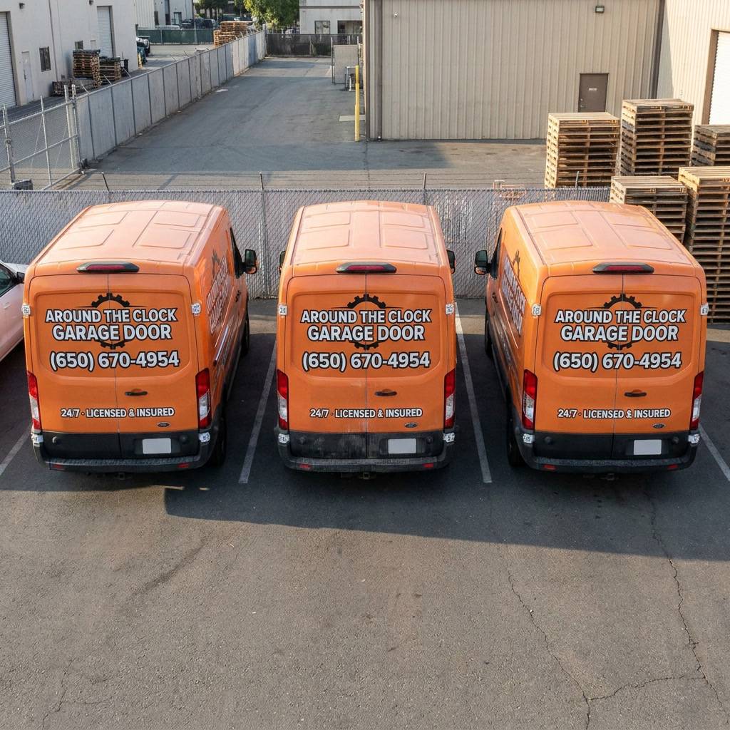 Three branded orange Around The Clock Garage Door service vans parked at the Bay Area depot
