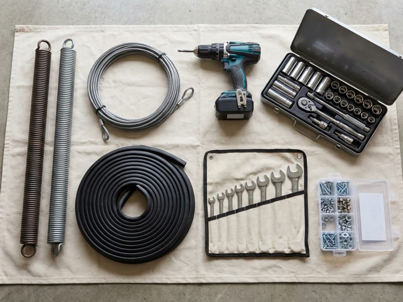 Neatly organized garage door technician tool kit and replacement parts laid out on a clean work mat in a Bay Area garage